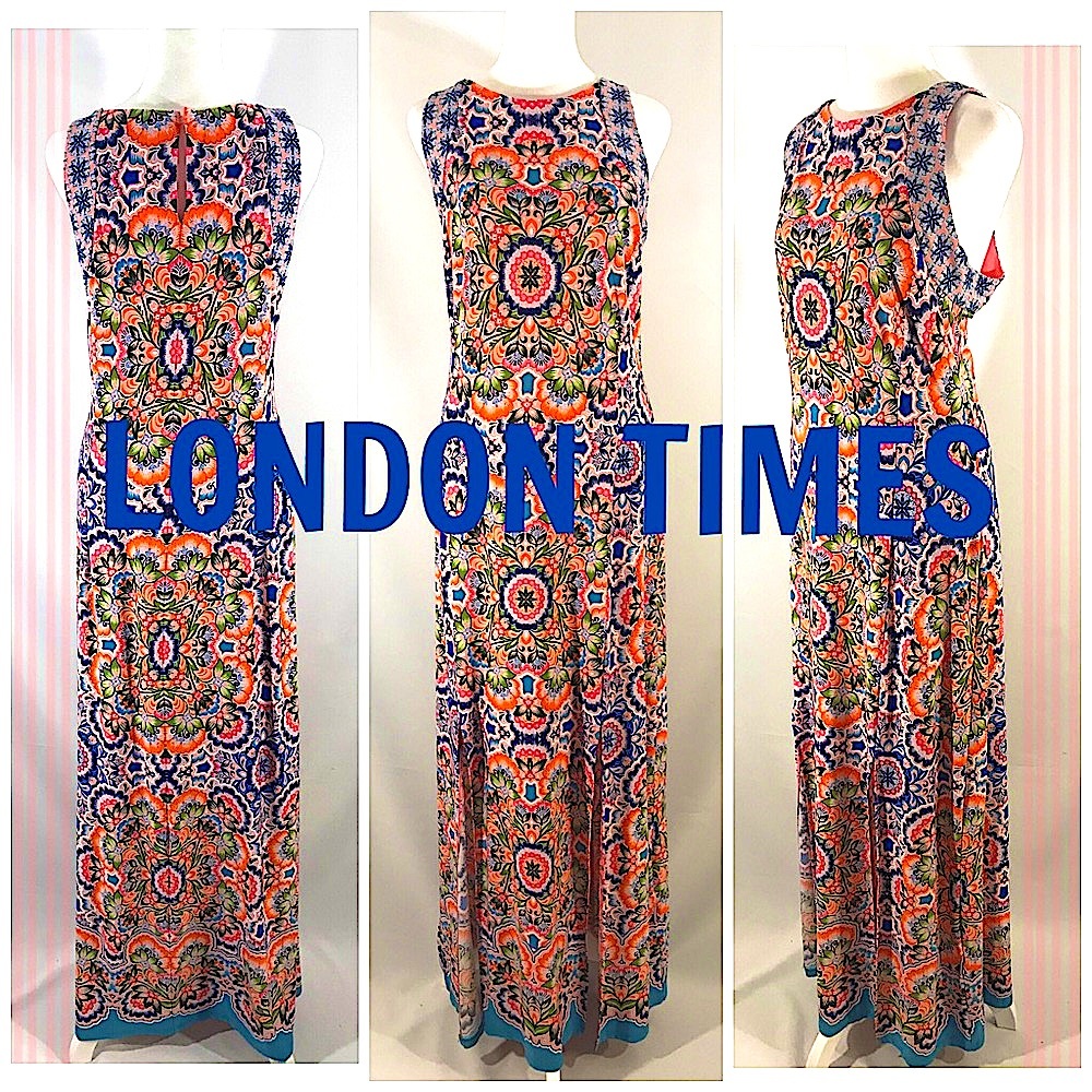 LONDON TIMES sleeveless coral navy maxi dress 8